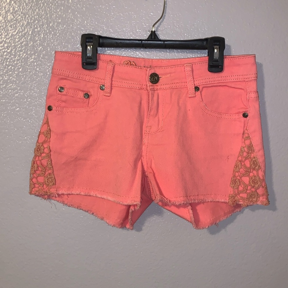Montana Jeans Western Neon coral floral lace detail fringe Jean shorts